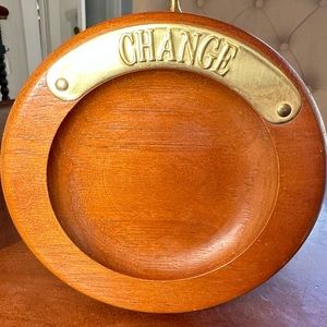 Vintage Wooden Bowl Brass Change Label Pocket Change Trinket Dish 6.5" Diameter